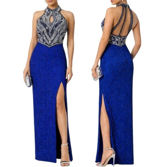 Laurence Kazar Dresses & Skirts - VTG LAURENCE KAZAR 90s 100% Silk Beaded Halter Gown Prom Formal Maxi Dress Sz S